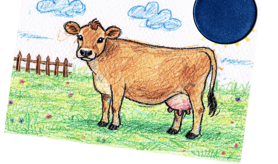 Cartoon cow in a field with a blue sky and sun.