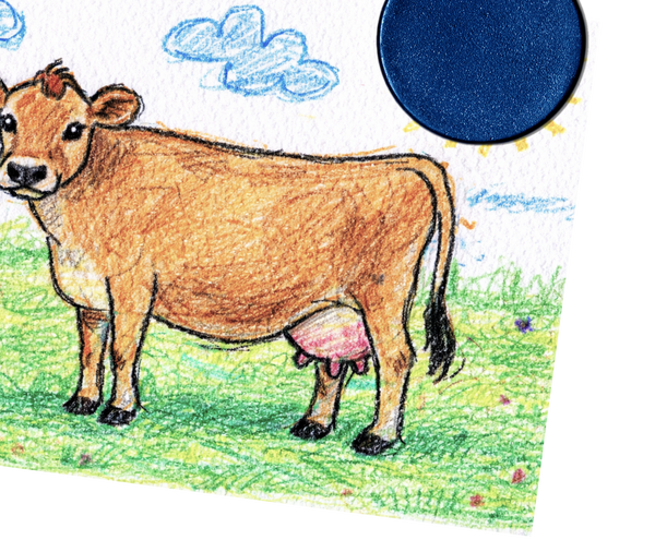 Colorful drawing of a cow in a grassy field with a blue sky.